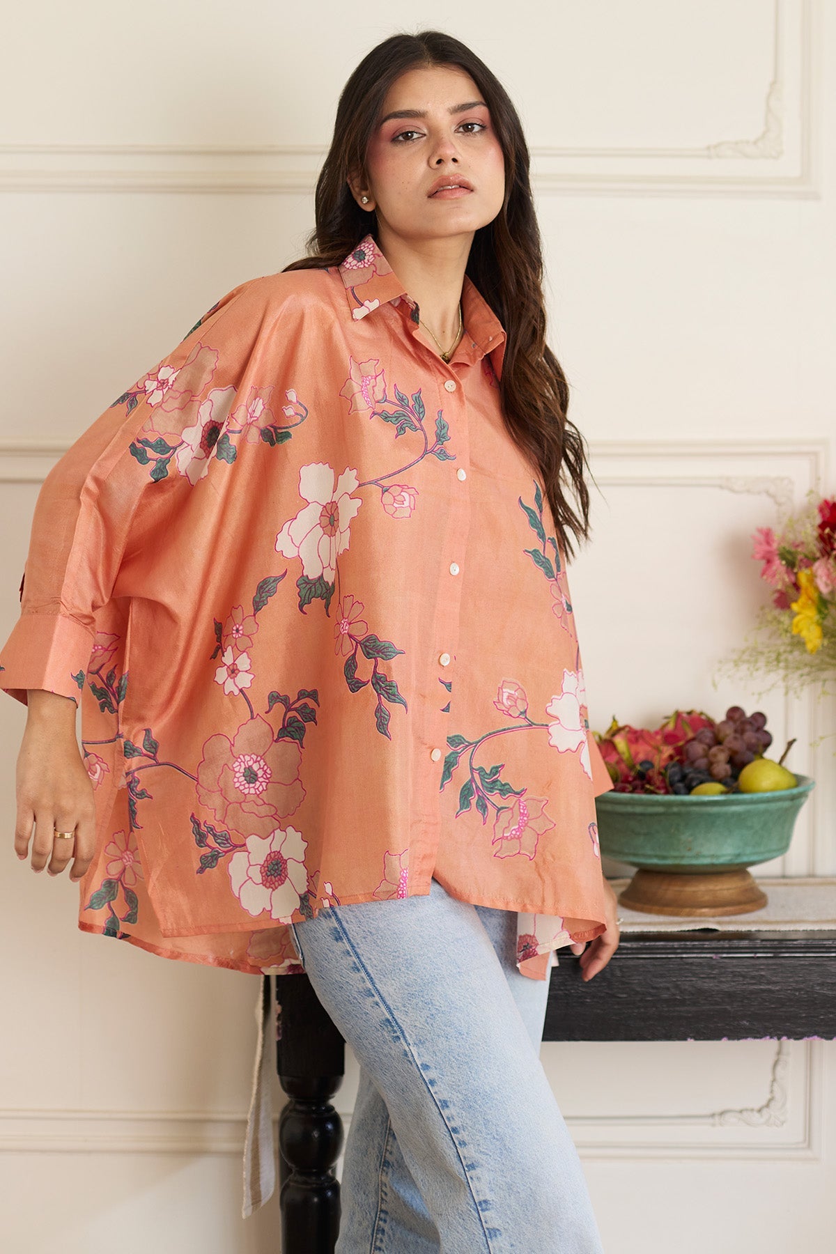 Buy Salmon Printed Oversized Shirt by Juanita For women Online at Scrollnshops